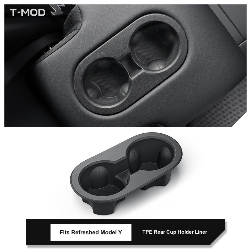 Black TPE rear dual cup-holder liner for Tesla Model Y Juniper 2025+ | T-MOD