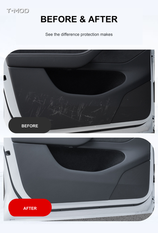 Before and after comparison of Tesla door kick-pad protection