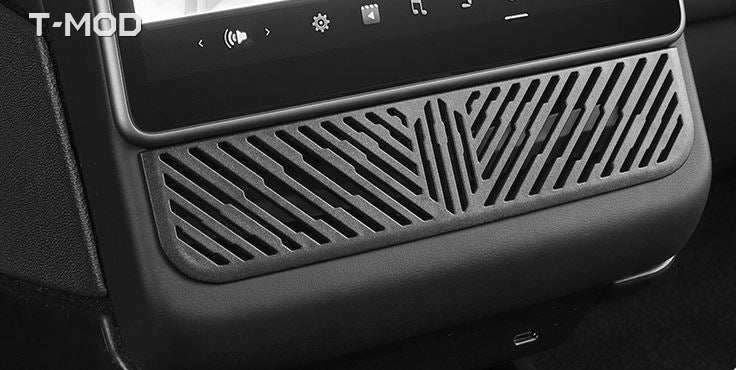 Black ABS rear air vent grille cover installed in a Tesla Model 3 Highland