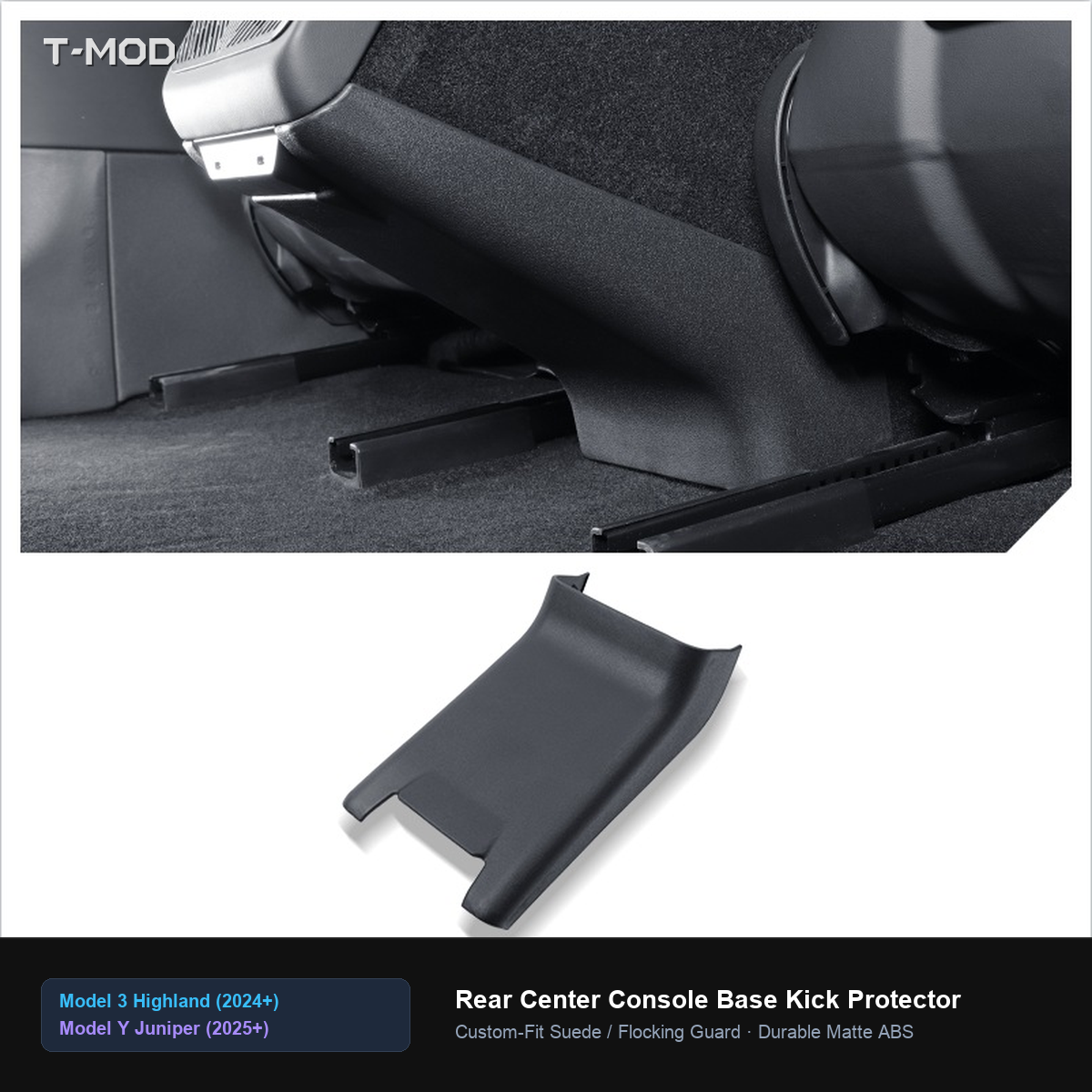 Installed In-Car View of Rear Center Console Base Kick Protector for Tesla Model 3 Highland and Model Y Juniper