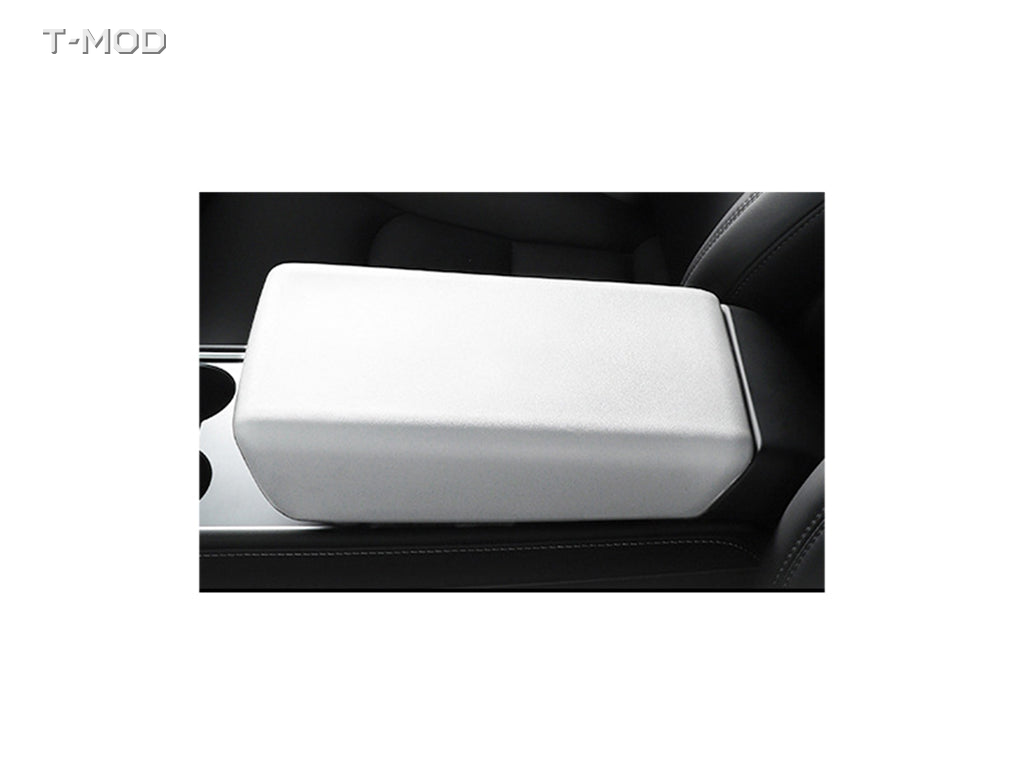 Smooth white TPE armrest cover installed on a center console — Tesla Model 3 Highland and Model Y Juniper AWD / RWD | T-MOD Canada
