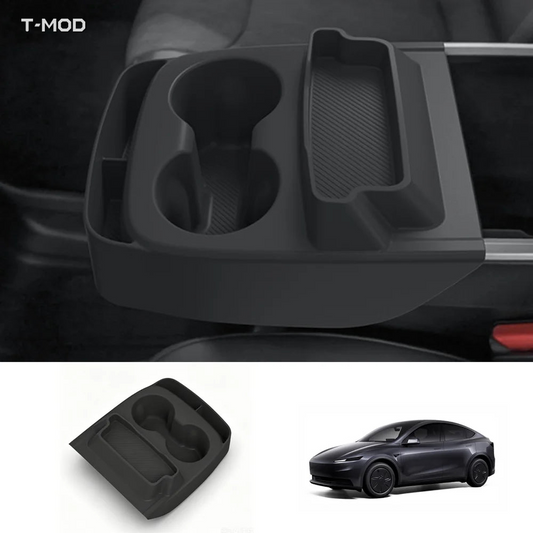 Black TPE center-console cup holder and organizer tray for Tesla Model Y