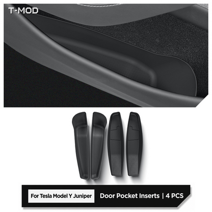 Four black TPE door-pocket inserts for Tesla Model Y Juniper AWD (2025+) and Tesla Model Y Juniper RWD (2025+), with two front and two rear inserts.