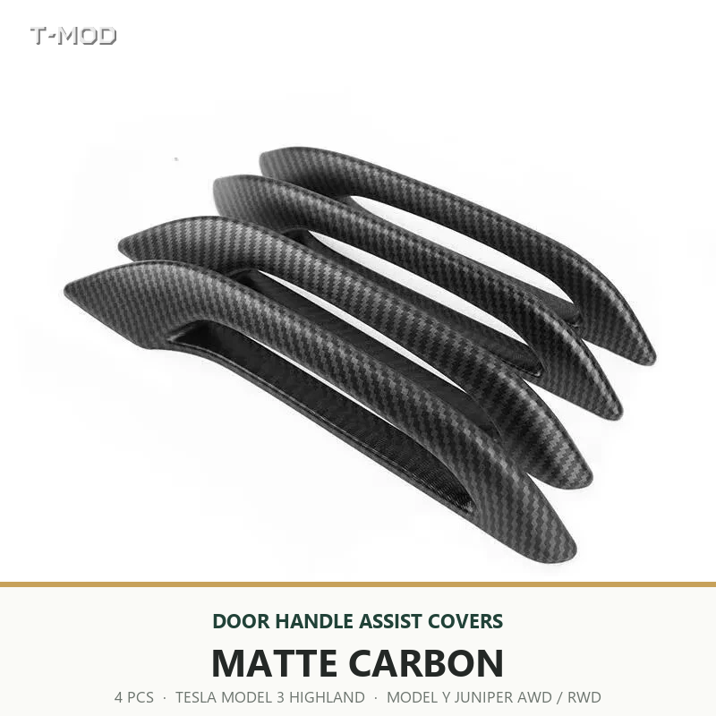 Matte Carbon door handle assist covers, 4 PCS, for Tesla Model 3 Highland and Tesla Model Y Juniper AWD/RWD