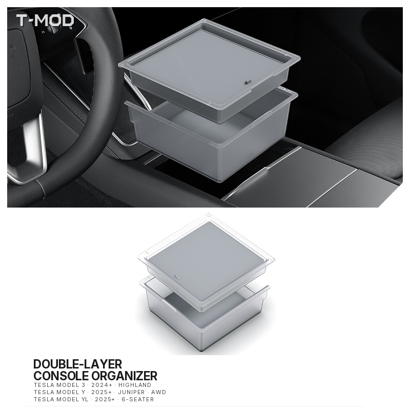 Overview collage of the double-layer center-console organizer for Tesla Model 3 (2024+) — Highland, Tesla Model Y (2025+) — Juniper — AWD, and Tesla Model YL (2025+) — 6-Seater.