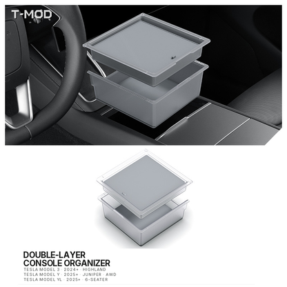 Overview collage of the double-layer center-console organizer for Tesla Model 3 (2024+) — Highland, Tesla Model Y (2025+) — Juniper — AWD, and Tesla Model YL (2025+) — 6-Seater.