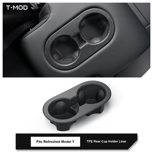 Black TPE rear dual cup-holder liner for Tesla Model Y Juniper 2025+ | T-MOD