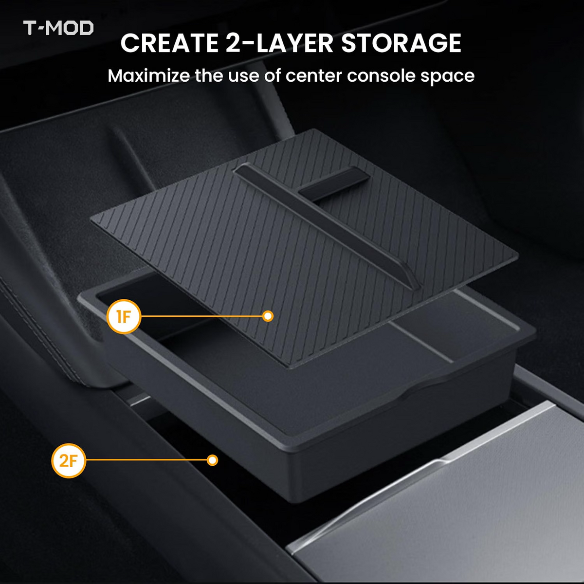 Black two-tier center-console storage organizer with a ribbed PVC pad, shown above the lower storage bin.