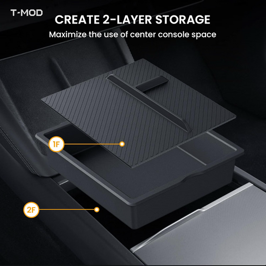 Black two-tier center-console storage organizer with a ribbed PVC pad, shown above the lower storage bin.