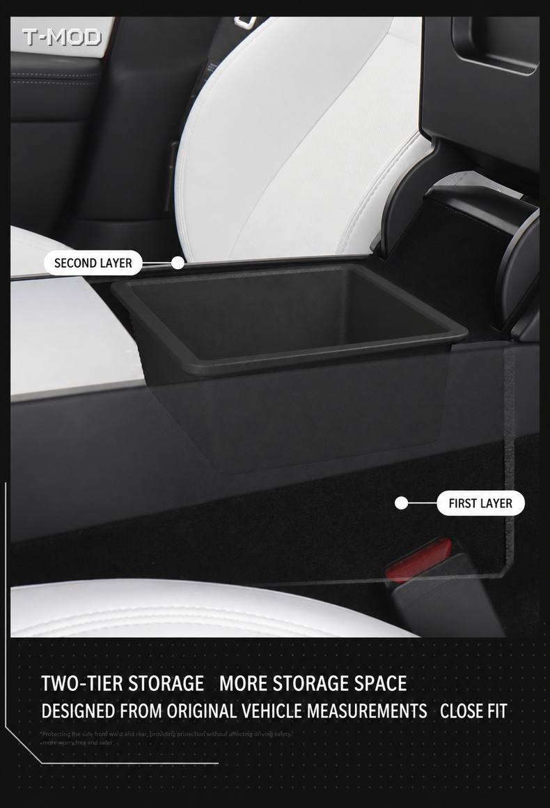 Black two-tier armrest organizer installed in a vehicle's center armrest storage area.
