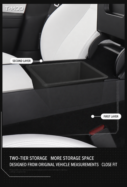 Black two-tier armrest organizer installed in a vehicle's center armrest storage area.