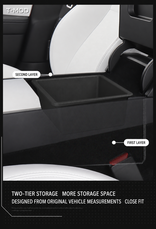 Black two-tier armrest organizer installed in a vehicle's center armrest storage area.