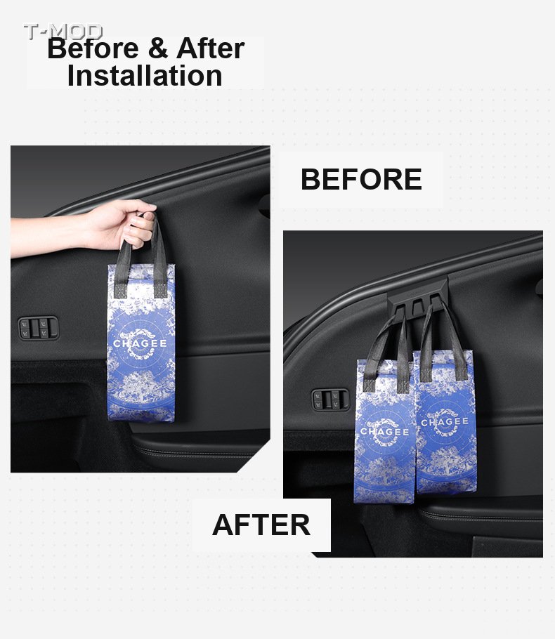 Before and after installation of the rear trunk grocery bag hook for Tesla Model Y Juniper