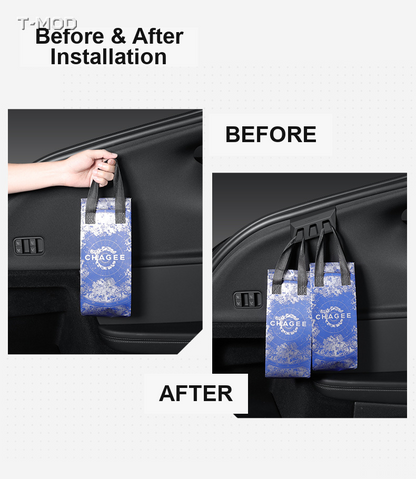 Before and after installation of the rear trunk grocery bag hook for Tesla Model Y Juniper