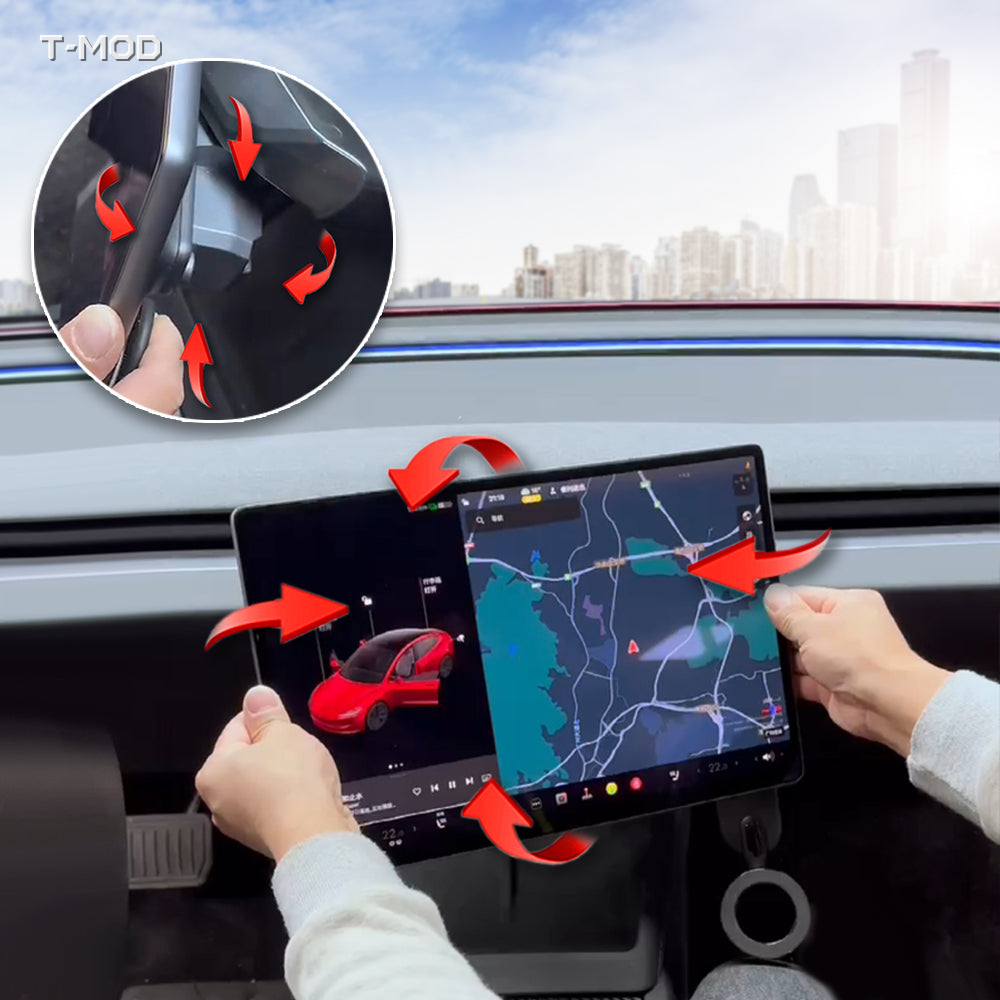 Four-way swivel screen mount installed in a Tesla Model Y Juniper or Model 3 Highland