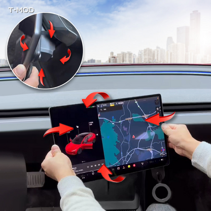 Four-way swivel screen mount installed in a Tesla Model Y Juniper or Model 3 Highland