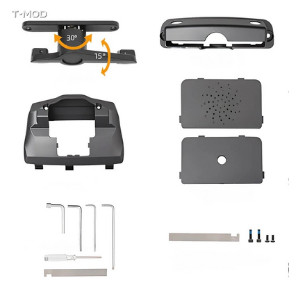 Four-way screen swivel mount kit components for Tesla Model 3 Highland and Tesla Model Y Juniper