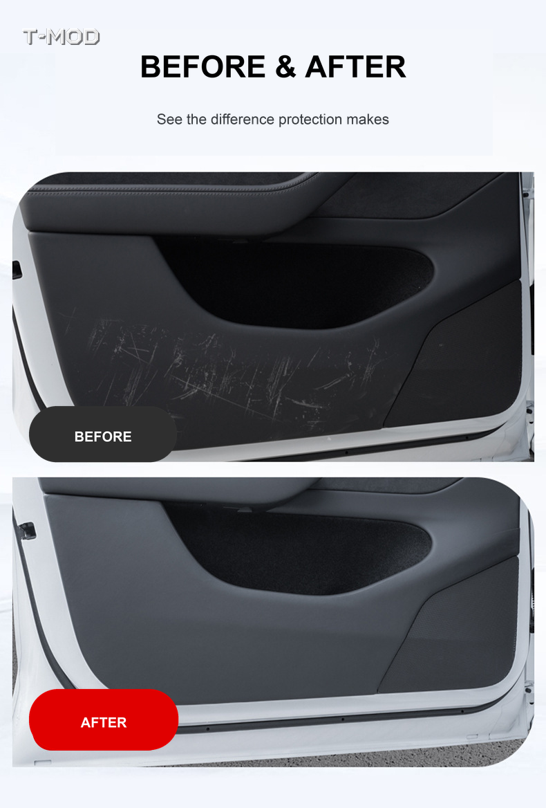 Before and after comparison of Tesla door kick-pad protection