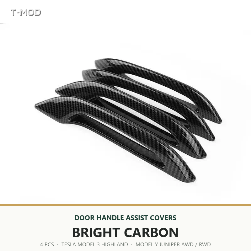 Bright Carbon door handle assist covers, 4 PCS, for Tesla Model 3 Highland and Tesla Model Y Juniper AWD/RWD