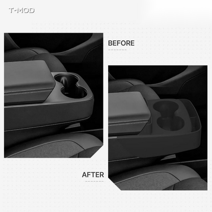 Tesla Model Y center-console organizer before and after installation