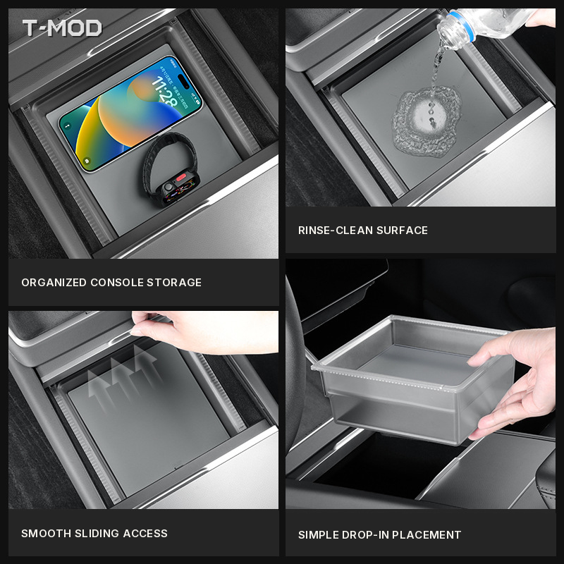 Four-panel collage showing console storage, rinse-clean use, sliding access, and drop-in placement for Tesla Model 3 (2024+) — Highland, Tesla Model Y (2025+) — Juniper — AWD, and Tesla Model YL (2025+) — 6-Seater.