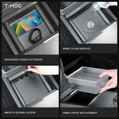 Four-panel collage showing console storage, rinse-clean use, sliding access, and drop-in placement for Tesla Model 3 (2024+) — Highland, Tesla Model Y (2025+) — Juniper — AWD, and Tesla Model YL (2025+) — 6-Seater.