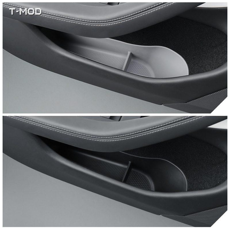 Before-and-after view of a black TPE door-pocket insert installed in Tesla Model Y Juniper AWD (2025+) and Tesla Model Y Juniper RWD (2025+).
