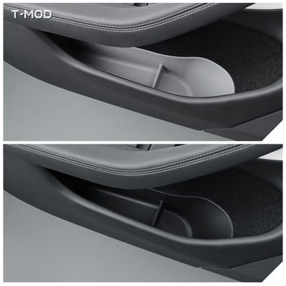 Before-and-after view of a black TPE door-pocket insert installed in Tesla Model Y Juniper AWD (2025+) and Tesla Model Y Juniper RWD (2025+).