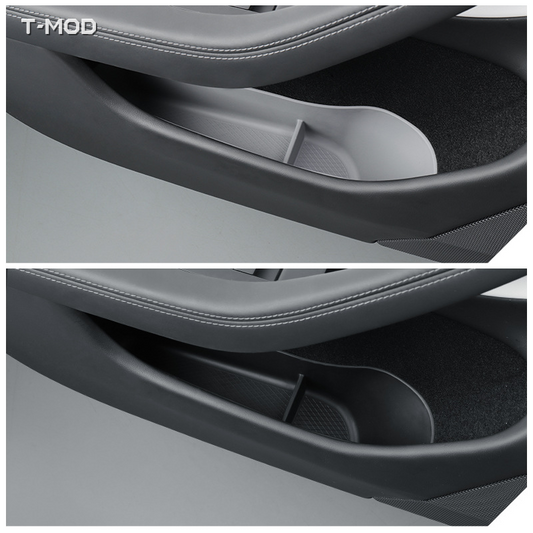 Before-and-after view of a black TPE door-pocket insert installed in Tesla Model Y Juniper AWD (2025+) and Tesla Model Y Juniper RWD (2025+).