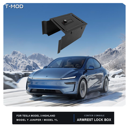 Black lockable armrest storage box installed for Tesla Model 3 Highland, Tesla Model Y Juniper AWD, Tesla Model Y Juniper RWD, and Tesla Model YL 6-Seater