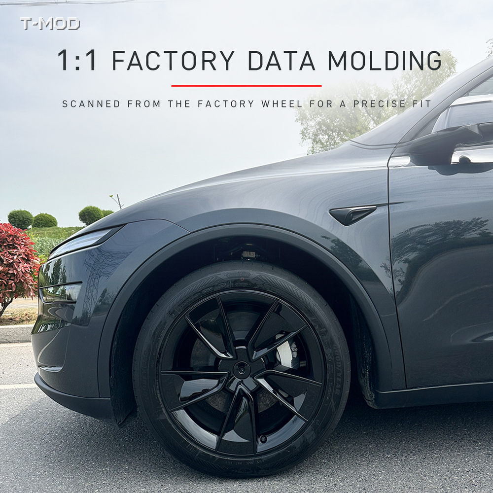 Tesla Model Y Juniper AWD Cyclone wheel cover installed on the front wheel, 1:1 fit