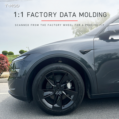 Tesla Model Y Juniper AWD Cyclone wheel cover installed on the front wheel, 1:1 fit