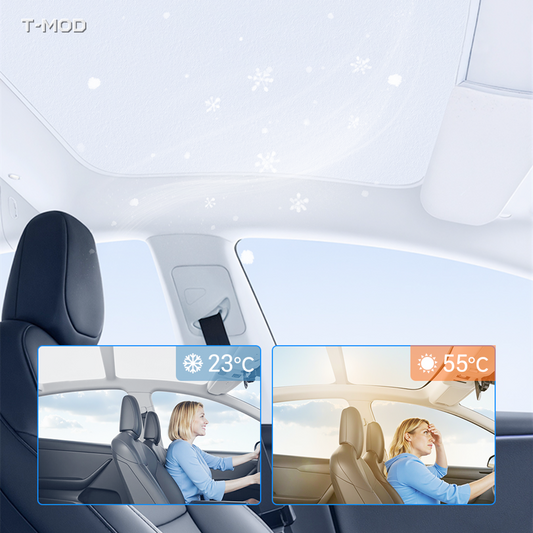 Two-piece roof sunshade installed on a Tesla Model 3 Highland showing cabin temperature comparison