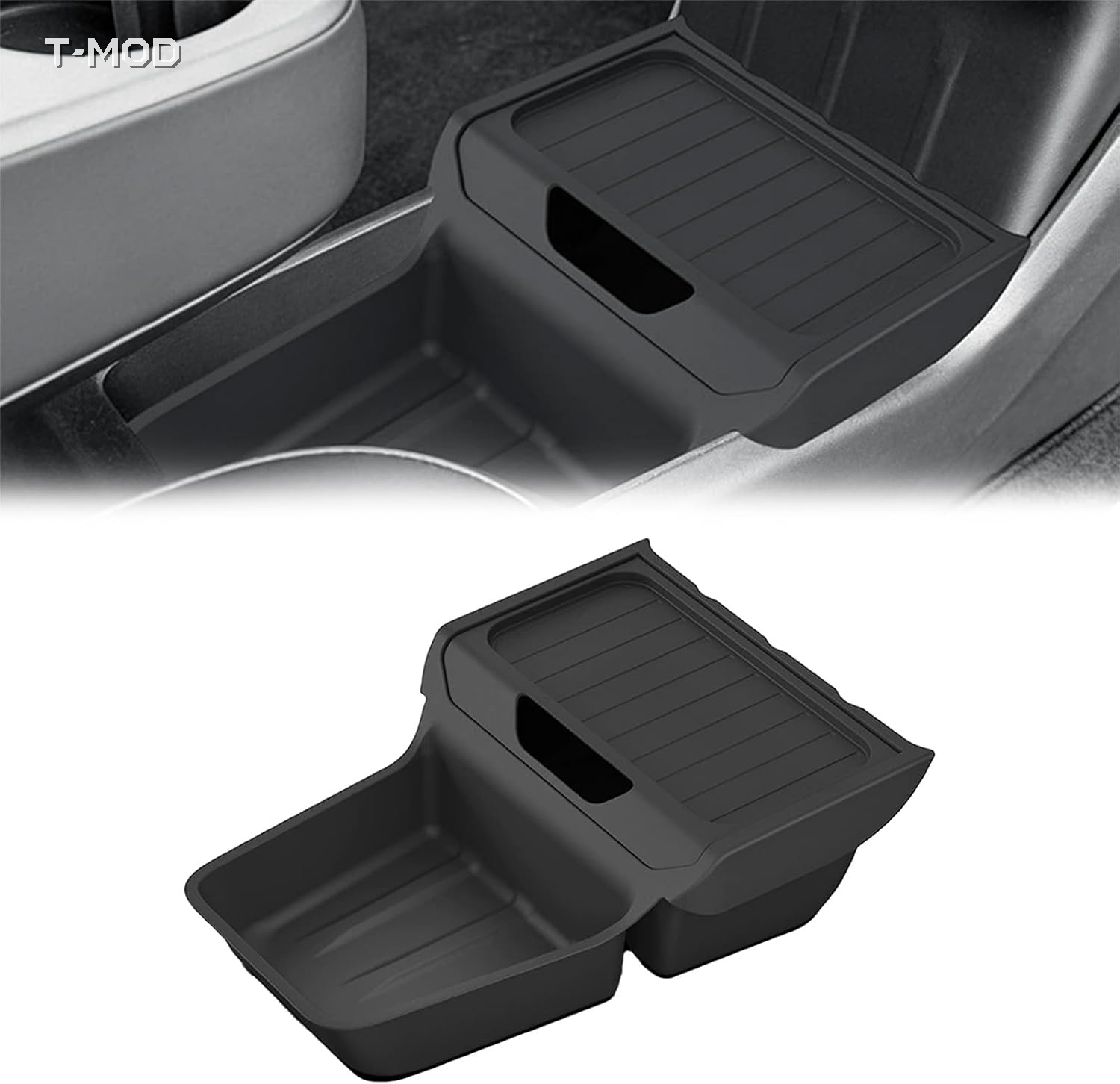 Black TPE under-center-console organizer tray installed in Tesla Model Y Standard, before and after view