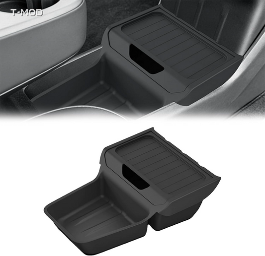 Black TPE under-center-console organizer tray installed in Tesla Model Y Standard, before and after view