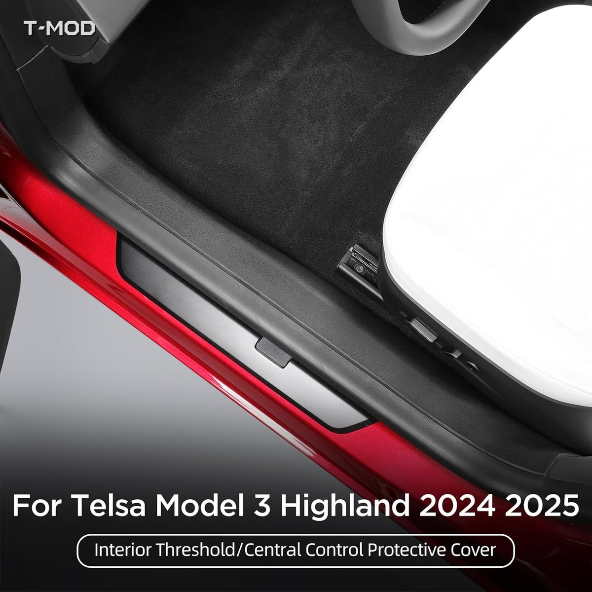 Black TPE door sill protector installed on a Tesla Model 3 Highland front door sill