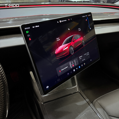 Left-hand-drive four-way swivel screen mount installed in a Tesla Model Y Juniper interior