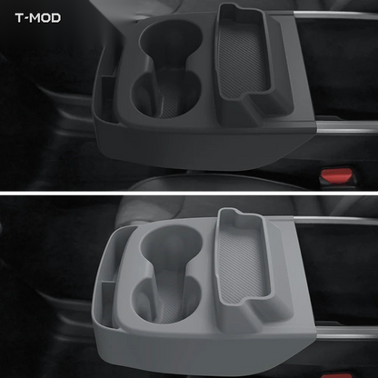 Black and grey TPE center-console cup holder organizer for Tesla Model Y