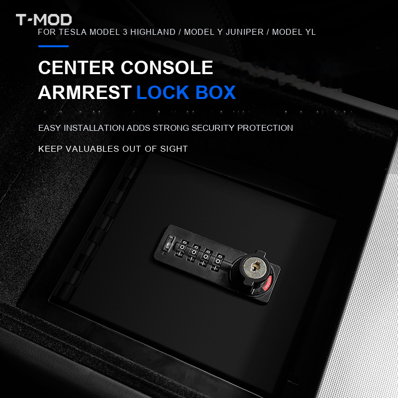 Combination-lock detail of a lockable armrest storage box for Tesla Model 3 Highland, Tesla Model Y Juniper AWD, Tesla Model Y Juniper RWD, and Tesla Model YL 6-Seater