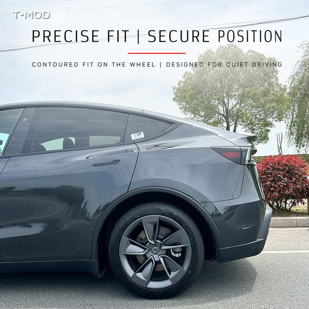 Tesla Model Y Juniper AWD Cyclone wheel cover installed on the rear wheel, secure fit