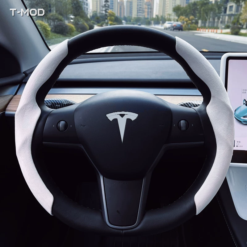 Suede White Steering Wheel Cover | T-MOD