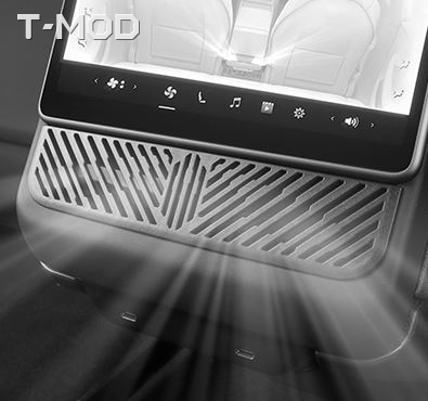 Black ABS rear air vent grille cover installed below the Tesla Model 3 Highland rear screen