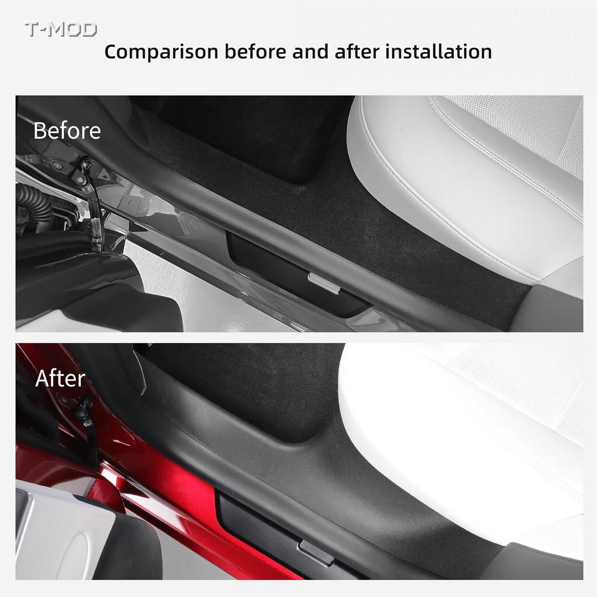 Before-and-after view of a Tesla Model 3 Highland inner door sill protector