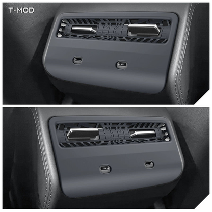 Rear air vent protection grid installed on both sides of a Tesla Model Y Standard rear console