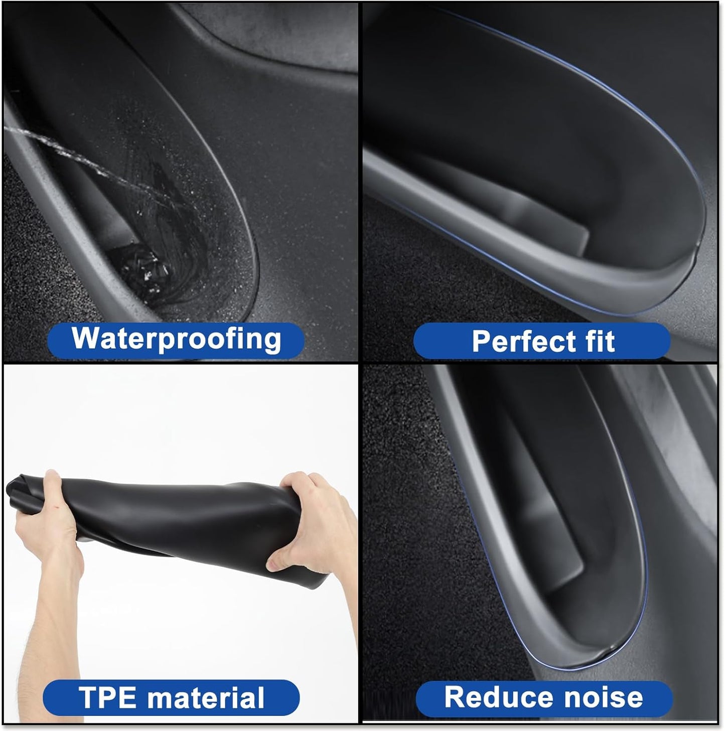 4 PCS 2024 Upgrade Door Side Storage Box for Tesla 2021-2024 Model Y TPE Material Full-Cover Front and Rear Door Tray Organizer (Waterproof)