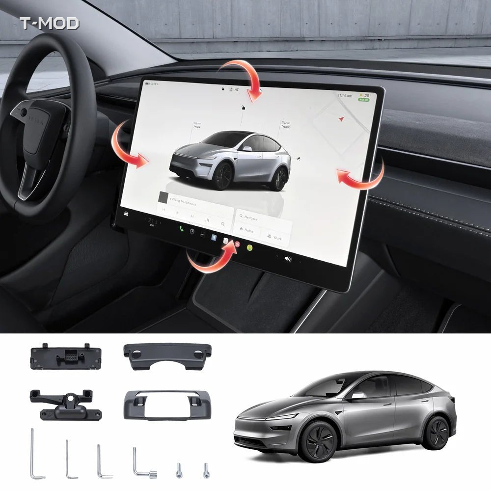 Four-way screen swivel mount and components shown in a Tesla Model Y Juniper interior