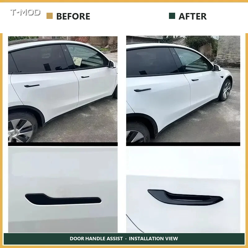 Before and after installation view of door handle assist covers for Tesla Model 3 Highland and Tesla Model Y Juniper AWD/RWD, 4 PCS
