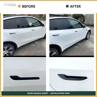 Before and after installation view of door handle assist covers for Tesla Model 3 Highland and Tesla Model Y Juniper AWD/RWD, 4 PCS