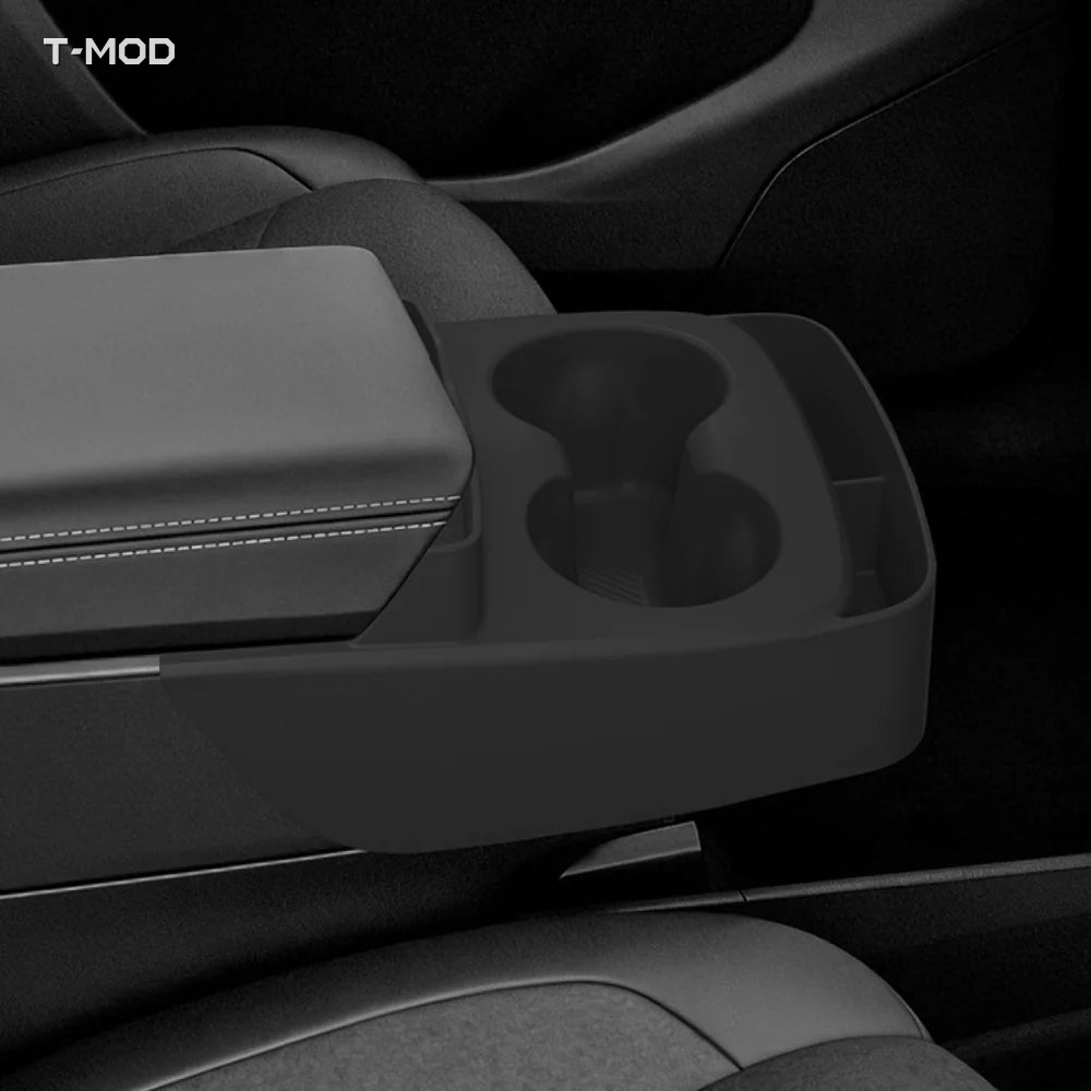 Black TPE center-console cup holder organizer installed in Tesla Model Y