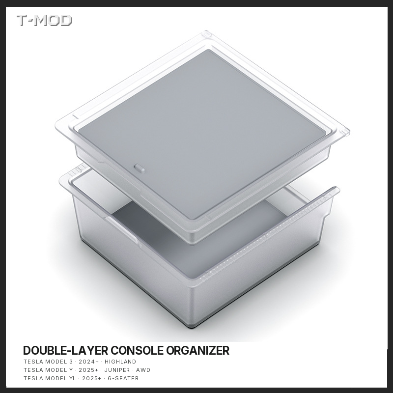 White-background product view of the clear double-layer center-console organizer with neutral-gray insert, compatible with Tesla Model 3 (2024+) — Highland, Tesla Model Y (2025+) — Juniper — AWD, and Tesla Model YL (2025+) — 6-Seater.